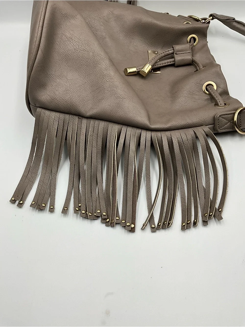 BCBG Paris Bucket Bag Taupe Fringe Drawstring Hobo Bag